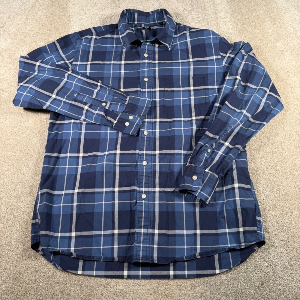 Uniqlo Button‎ Down Shirt Mens Medium Blue Plaid Long Sleeve Cotton Casual